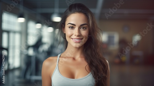 Free Download An Portrait of Beautiful Female Fitness athlete looking at camera and Smiling Happily in Fitness clothes at Gym. Beautiful and confident Girl in fitness center - GFXLoad
