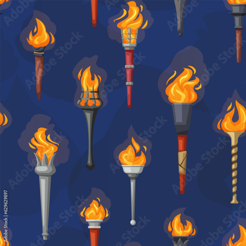 Medieval burning cartoon torches pattern. different shaped torch lights, ancient metal flaming. vector cartoon seamless pattern
