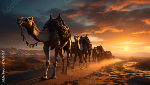 camels walking through the desert, while the sun sets 