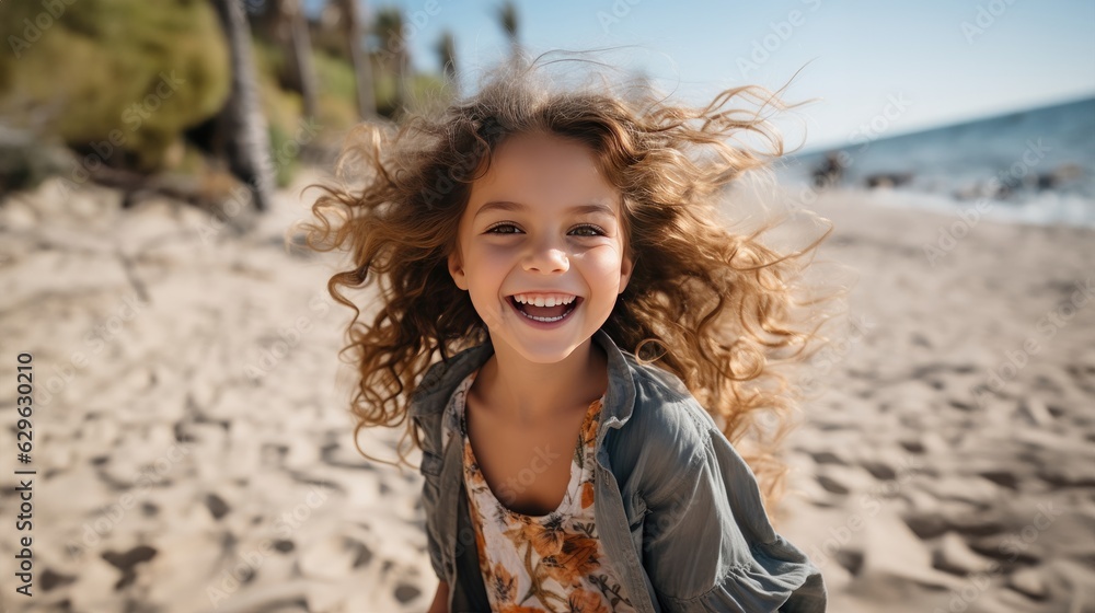 Happy little girl on vacation on the beach by the sea.
