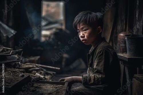 Exhausted and dirty asian kid working in a dark factory looking at camera with copy space left. Concept of child labor or child exploitation. photo