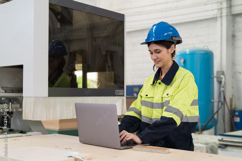 Female engineer worker working with computer in industry factory. Female technician using laptop computer control and maintaining machine in the factory Female engineer worker working with computer in industry factory. Female technician using laptop computer control and maintaining machine in the factory