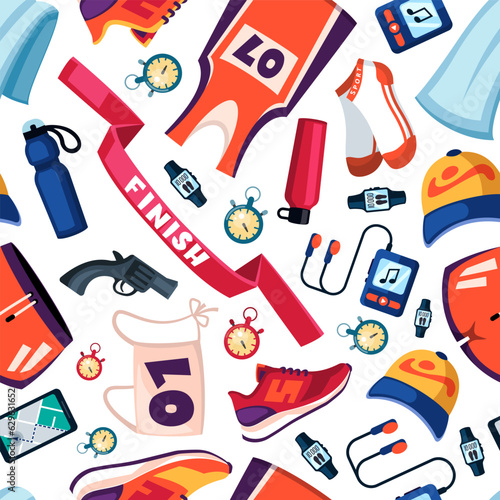 running marathon accessories pattern. cartoon items for sport, watches, cap, sport shoes, drink, t shirt,. vector cartoon seamless pattern.