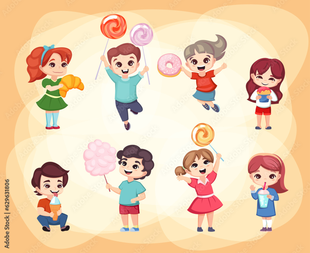 happy kids with candies set. happy chibi children with sweets, candies. vector cartoon childish characters.