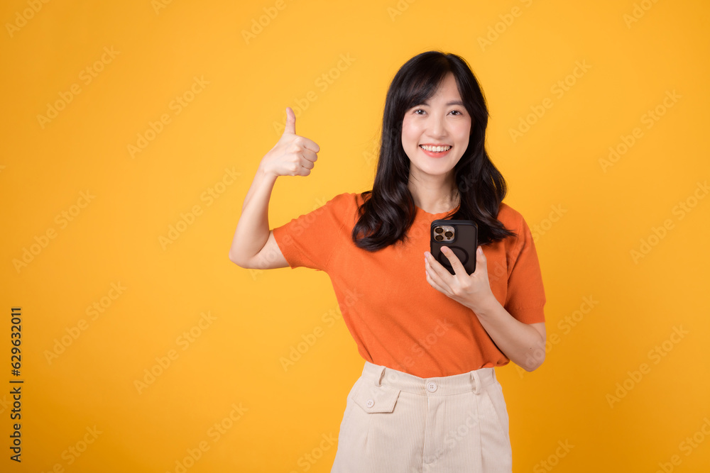 Experience happiness with a young Asian woman in her 30s, donning an orange shirt, showing thumb up gesture while using smartphone on yellow background. Experience happiness with a young Asian woman in her 30s, donning an orange shirt, showing thumb up gesture while using smartphone on yellow background.