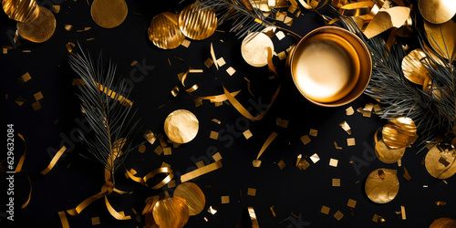 Christmas mockup with golden confetti, fir branches, Xmas decoration on black. Advent calendar. New Years template.Top view. flat lay. Winter Holidays background with copy space.Generative ai