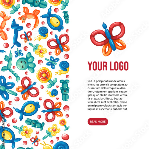 kids balloon animals. toy animals, party colorful decoration childish helium ballons. butterfly, flower, rabbit, snake, snail,dog and cat balloons. vector caroon background