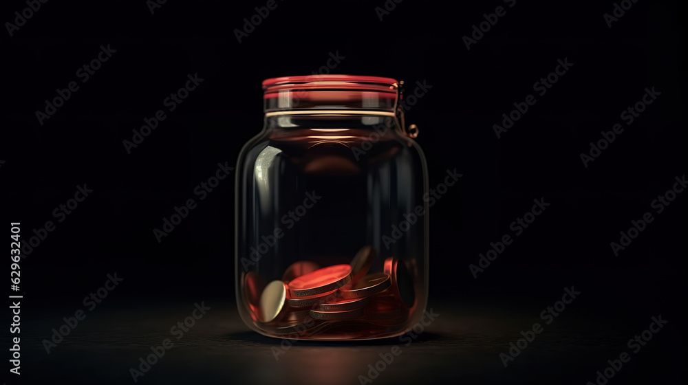 Hand with coins for economy jar on desk. Generative Ai Hand with coins for economy jar on desk. Generative Ai