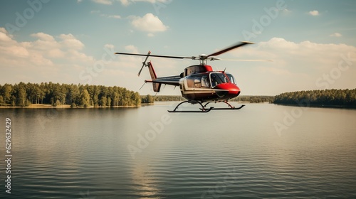 A Huge Helicoper Flying over a Natural Background. Drone Shot. Professional Photography.