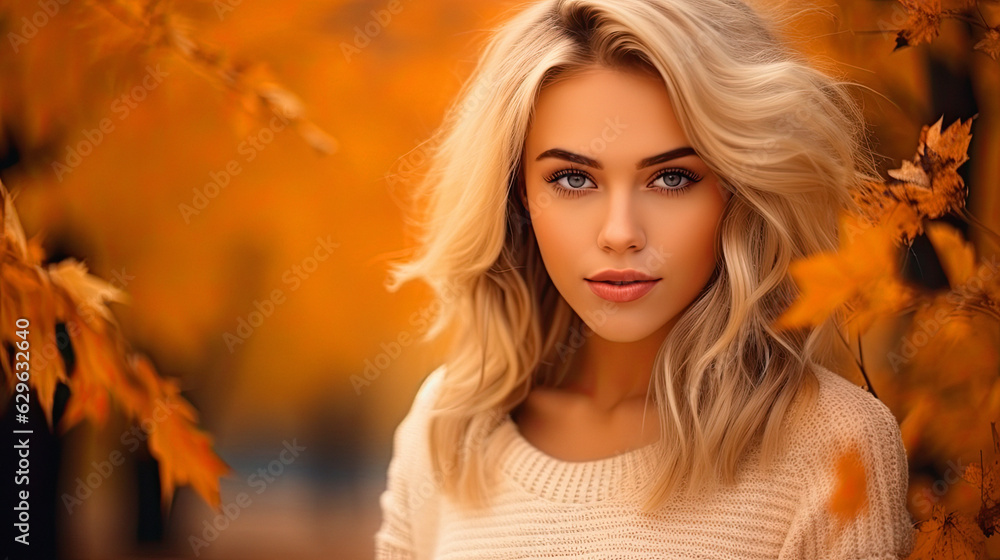 Beautiful blonde woman portrait. autumn park in background. Beautiful blonde woman portrait. autumn park in background.