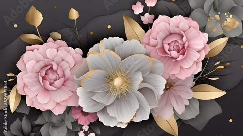 de ouro com rosas e folhas em um fundo marmorizado rosa. Generative Ai photo