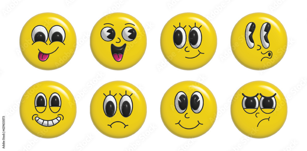 Set of 70s 3d groovy comic faces vector. Collection of cartoon character faces, in different emotions, happy, angry, sad, cheerful. Cute retro groovy hippie illustration for decorative, sticker. Set of 70s 3d groovy comic faces vector. Collection of cartoon character faces, in different emotions, happy, angry, sad, cheerful. Cute retro groovy hippie illustration for decorative, sticker.