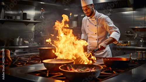 Chef in restaurant kitchen at stove with pan, doing flame on food