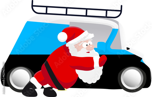 Santa pushing a blue mini car