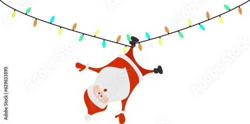 Fun Santa Claus hanging on a garland upside down. Christmas vector illustration.