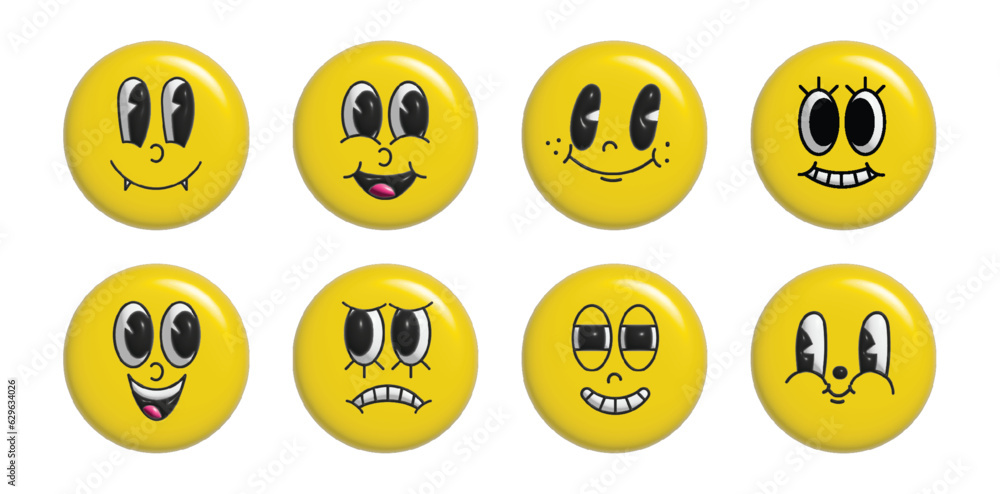 Set of 70s 3d groovy comic faces vector. Collection of cartoon character faces, in different emotions, happy, angry, sad, cheerful. Cute retro groovy hippie illustration for decorative, sticker. Set of 70s 3d groovy comic faces vector. Collection of cartoon character faces, in different emotions, happy, angry, sad, cheerful. Cute retro groovy hippie illustration for decorative, sticker.
