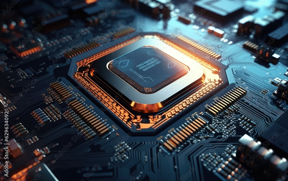 Shot of Generic Printed Circuit board with Microchips and other Components During Production Process. Electronics Manufacturing. Created with Generative AI technology. Shot of Generic Printed Circuit board with Microchips and other Components During Production Process. Electronics Manufacturing. Created with Generative AI technology.