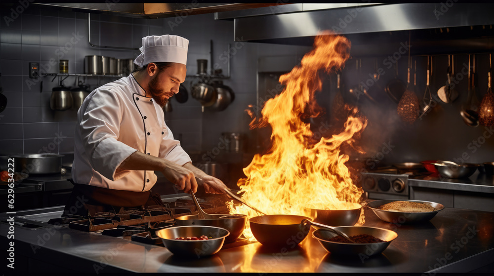 Chef in restaurant kitchen at stove with pan, doing flambe on food Chef in restaurant kitchen at stove with pan, doing flambe on food