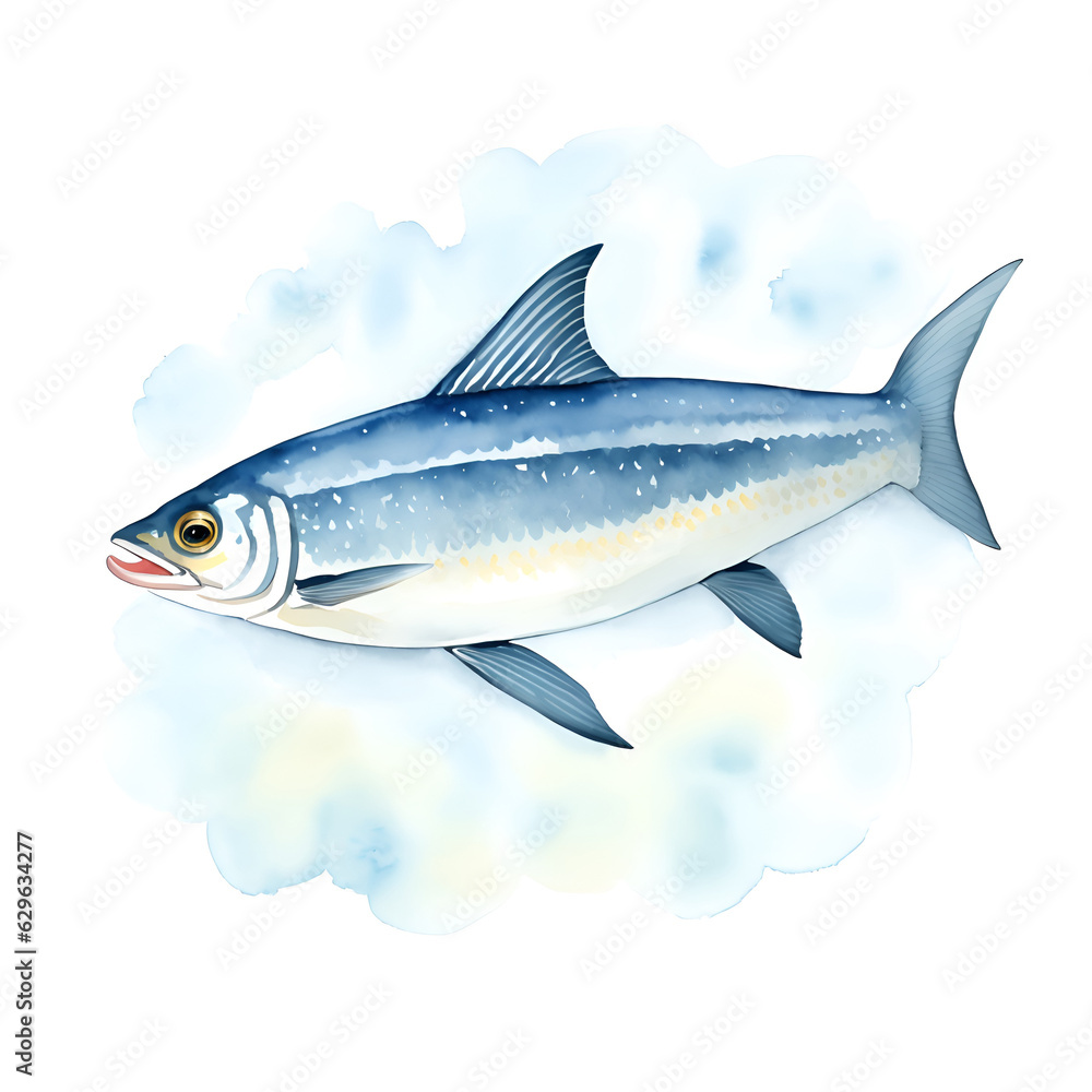 Naklejka premium Sardine in cartoon style. Cute Little Cartoon Sardine isolated on white background. Watercolor drawing, hand-drawn Sardine in watercolor. For children's books, for cards, Children's illustration.