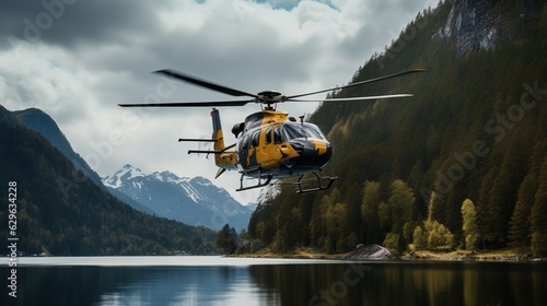 A Huge Helicoper Flying over a Natural Background. Drone Shot. Professional Photography. photo