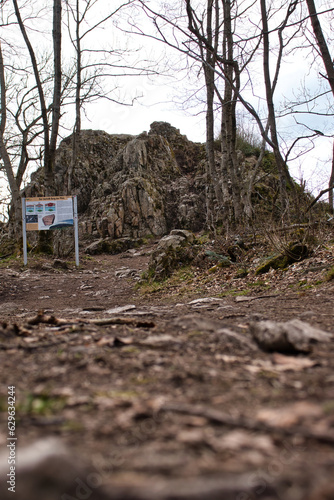 Rocky path leading to sign in front of Koenigsstuhl at Thunder Mountain in Dannenfels ion a cloudy spring day in the Palatinate Forestn of Germany. photo