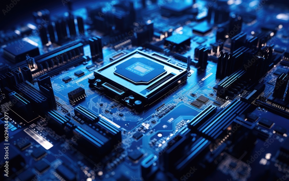 Fototapeta premium Shot of Generic Printed Circuit board with Microchips and other Components During Production Process. Electronics Manufacturing. Created with Generative AI technology.