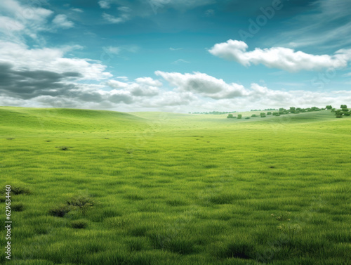 A bright green grassland extending far away into the horizon representing the potential of a deforested area. .
