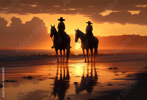 Two riders travel on horseback along the seashore. AI Generated ©  iiulia