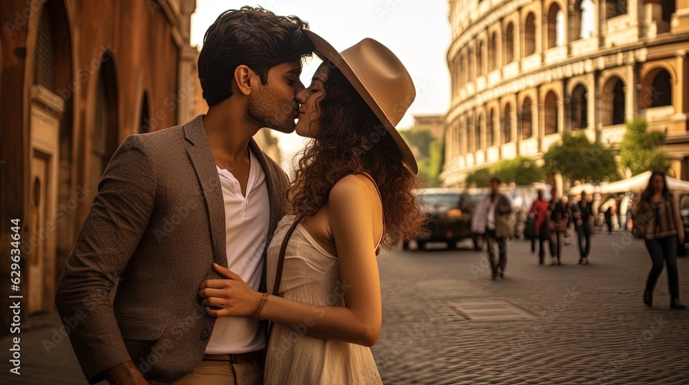 A Sweet Couple Kissing at Rome. Saint Valentine's day