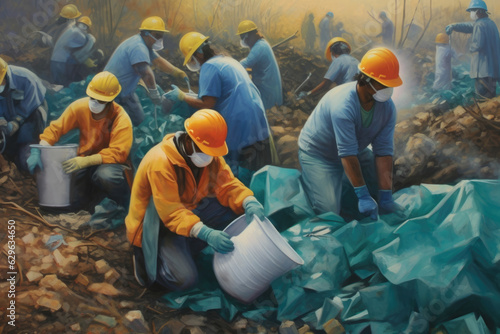 A large group of people donning protective gear sorting through mounds of trash working diligently to recycle and divert from landfills. .