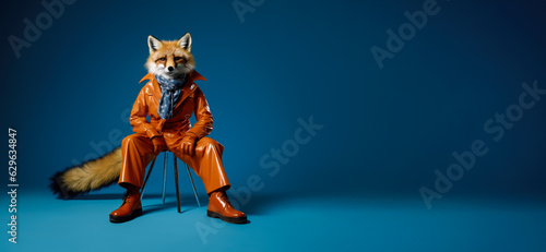 Fototapeta Naklejka Na Ścianę i Meble -  Cool looking fox wearing funky fashion leather coat, sitting on a chair. Wide banner with space for text at side. Stylish animal posing. Generative AI