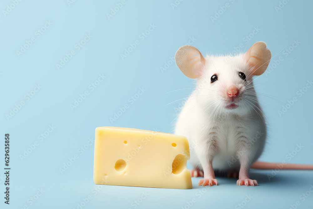 Fototapeta premium Cute Small white fluffy mouse with a piece of yellow cheese with holes isolated on light pastel blue studio background with copy space for text.