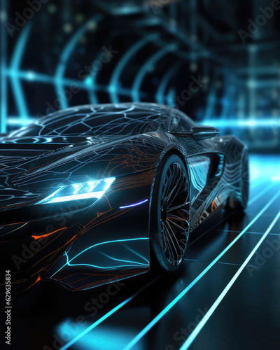 A closeup of a dark gray sportscar seemingly connected to the larger digital network via a glowing LED interface. . © Justlight