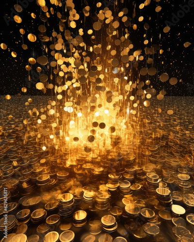 array of golden coins exploding into a million digital fragments each fragment glowing with binary code. .
