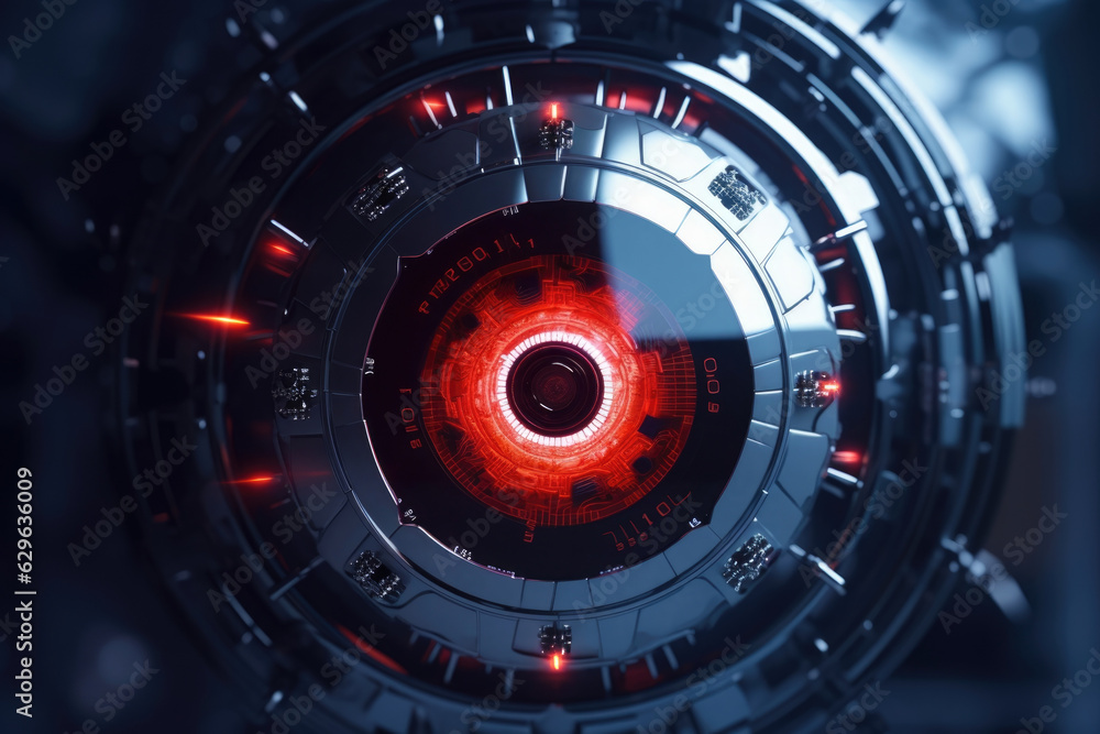A robotic eye looking directly at the camera with a blinking red light symbolizing the presence of a new technology era. .