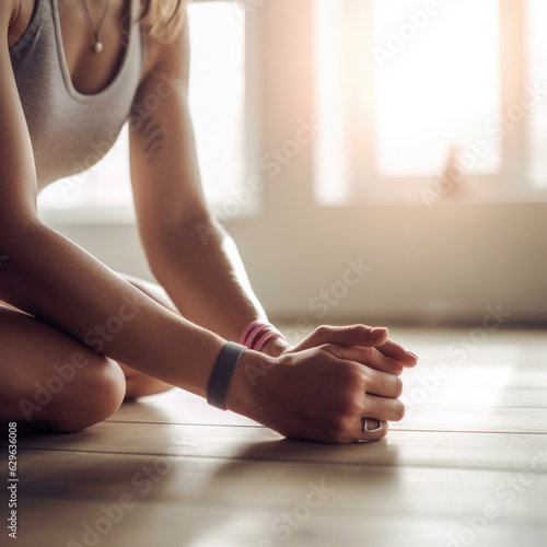 A close up of a fitness tracker wrapped around the ankle of a woman who is performing yoga in a sunlit room signifying the importance .