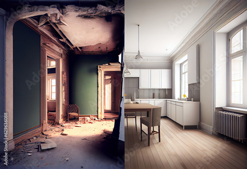 Apartment or room before and after renovation. Renovation concept. AI generative.