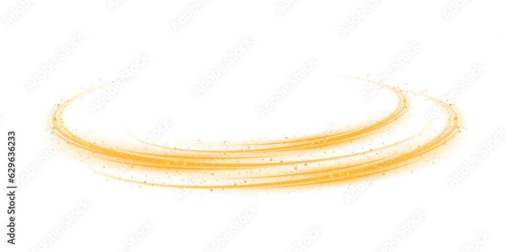 Yellow magic spirals with sparkles. Yellow light effect. Glitter particles with lines. Swirl effect. PNG.