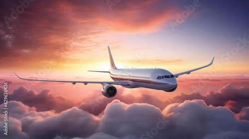 Passengers commercial airplane flying above clouds sunset