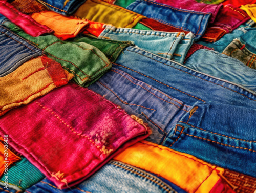 A closeup of an ecofriendly pair of jeans with a patchwork of vibrant colors created from postconsumer textile materials. . photo