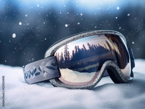 An upclose shot of a skiers goggles frosted with snowflakes as they speed down a slope. .