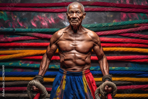 A weathered veteran kickboxer striking an intense pose in front of a wall of colorful jump ropes. .
