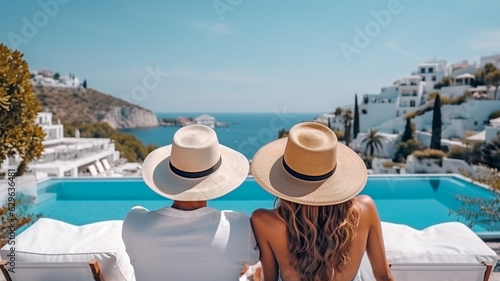 Couple is vacationing on a Greek island. A man and a woman in straw hats admire the sea. © serperm73
