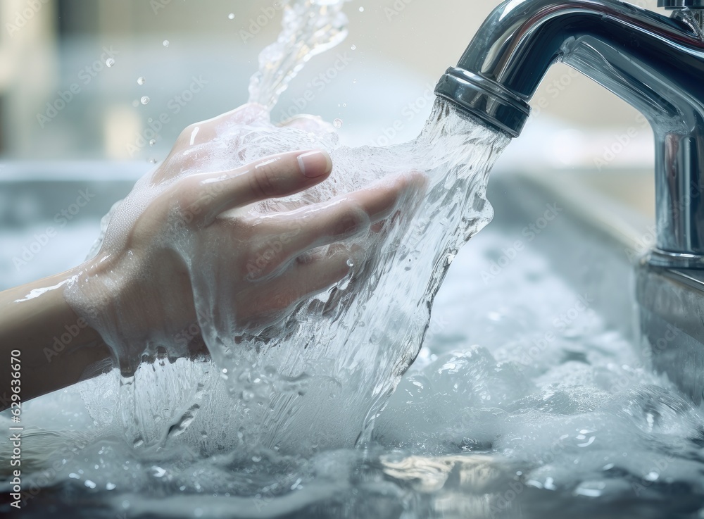 Fototapeta premium Washing hands rubbing with soap man for corona virus prevention, hygiene to stop spreading coronavirus. Created with Generative AI technology.