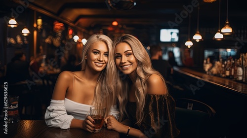 2 Beautiful Girls at the Bar Drinking some Cocktails. Elegant   Sexy Dress.