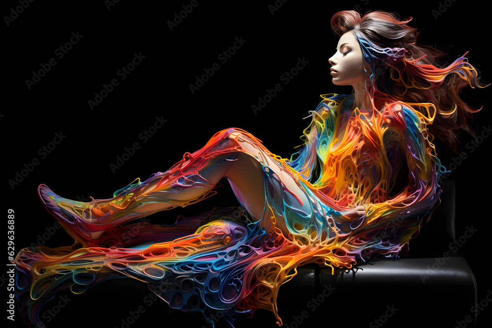 Captivating Modern Art: Seated Woman with Flow of Color on Black Background | High Details and Wonderful Colors Captivating Modern Art: Seated Woman with Flow of Color on Black Background | High Details and Wonderful Colors