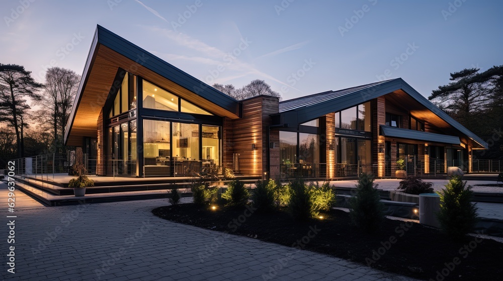 Luxury Wooden Hous. Professional Shot. Exterior Design. Huge Windows.