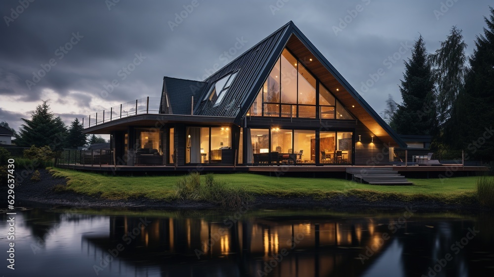 Luxury Wooden Hous. Professional Shot. Exterior Design. Huge Windows. Luxury Wooden Hous. Professional Shot. Exterior Design. Huge Windows.