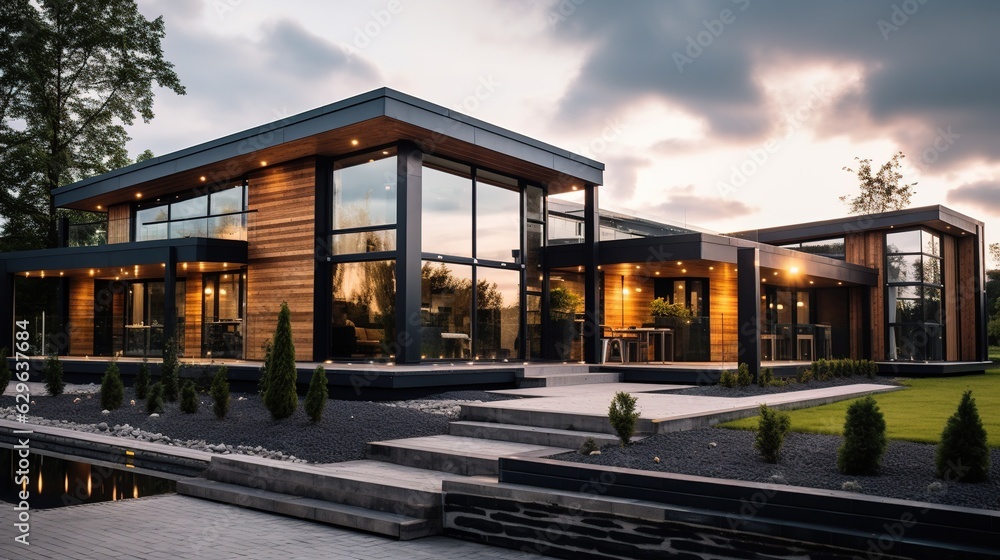 Luxury Wooden Hous. Professional Shot. Exterior Design. Huge Windows. Luxury Wooden Hous. Professional Shot. Exterior Design. Huge Windows.