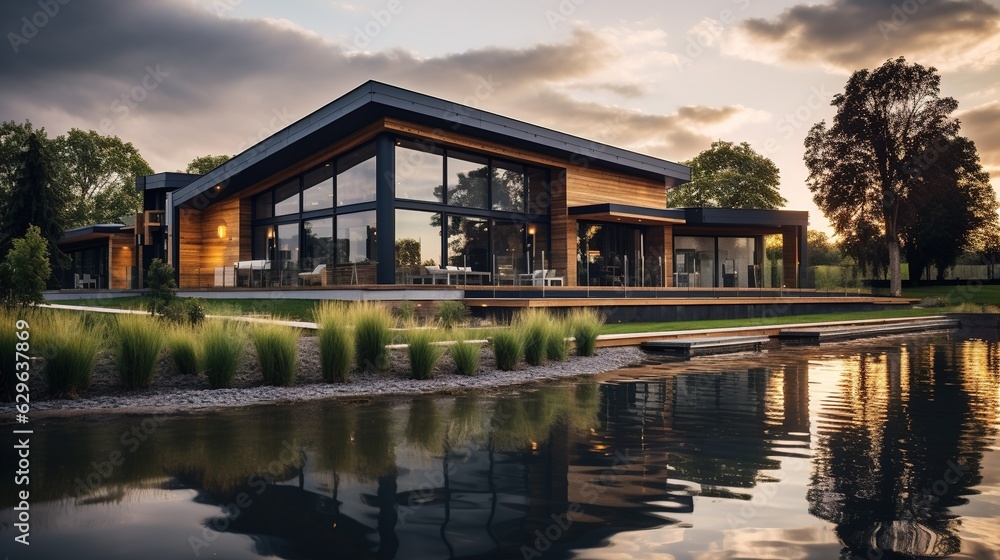 Luxury Wooden Hous. Professional Shot. Exterior Design. Huge Windows. Luxury Wooden Hous. Professional Shot. Exterior Design. Huge Windows.